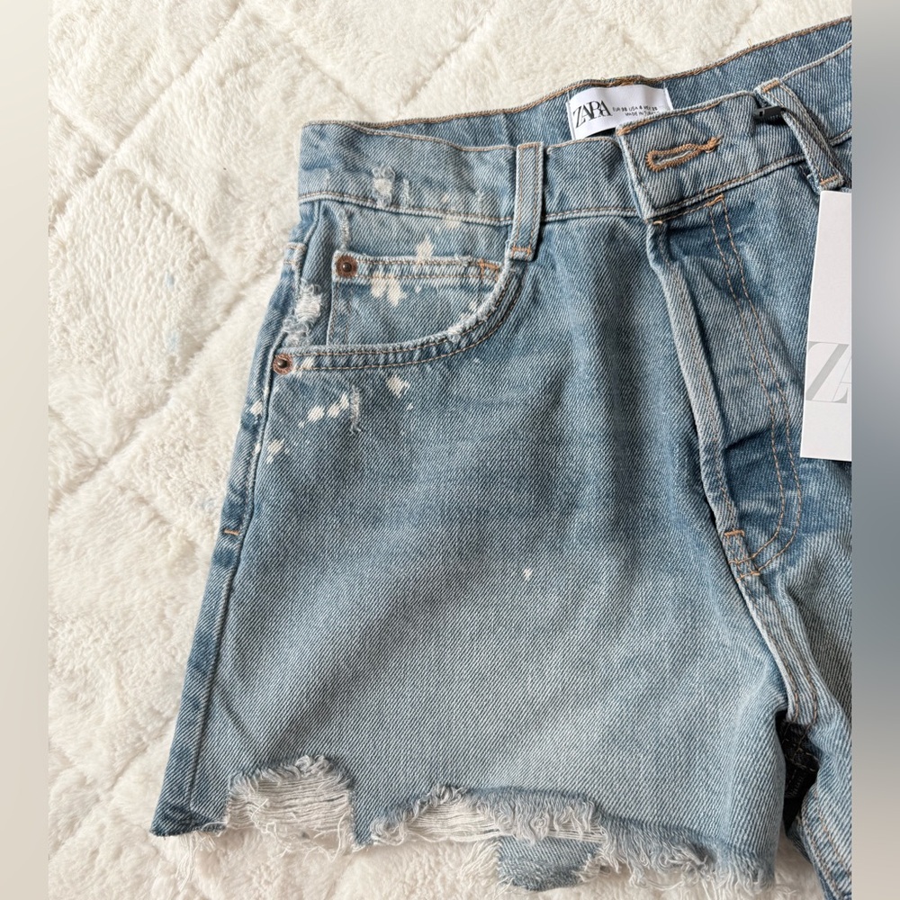 ZARA Blue Washed Distressed Denim Shorts - Picture 5 of 5
